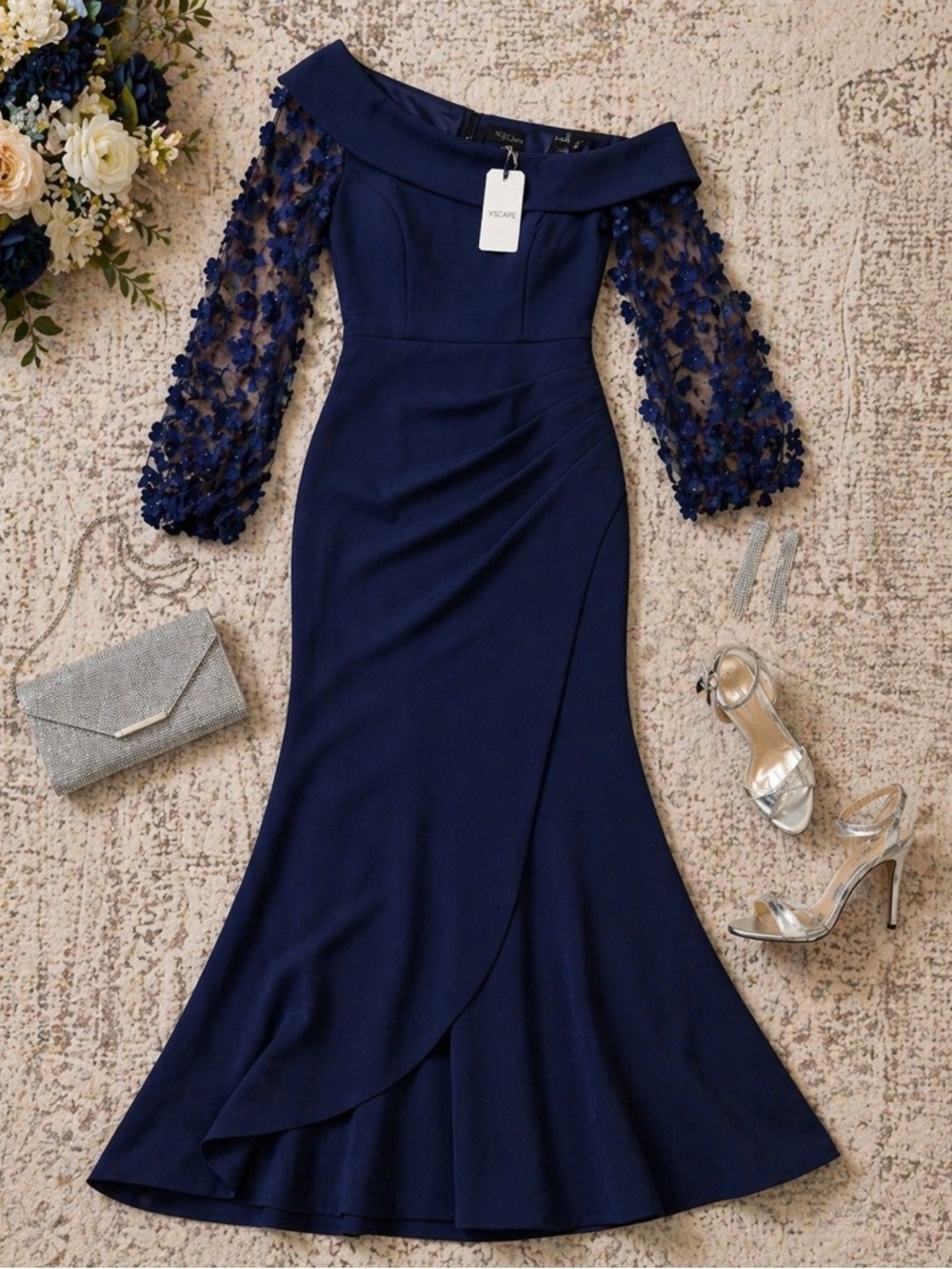 Xscape Off Shoulder Floral Sleeve Navy Blue Scuba Gown Size 8 NWT Formal Dress